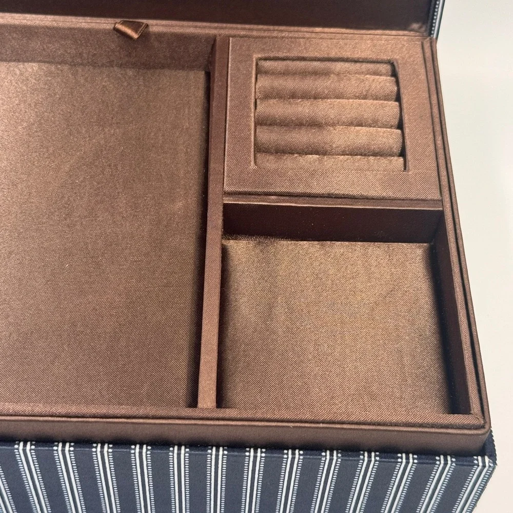 Avon Jewelry Box Navy Blue Pinstripe Brown Satin Lining Removable Tray Organizer